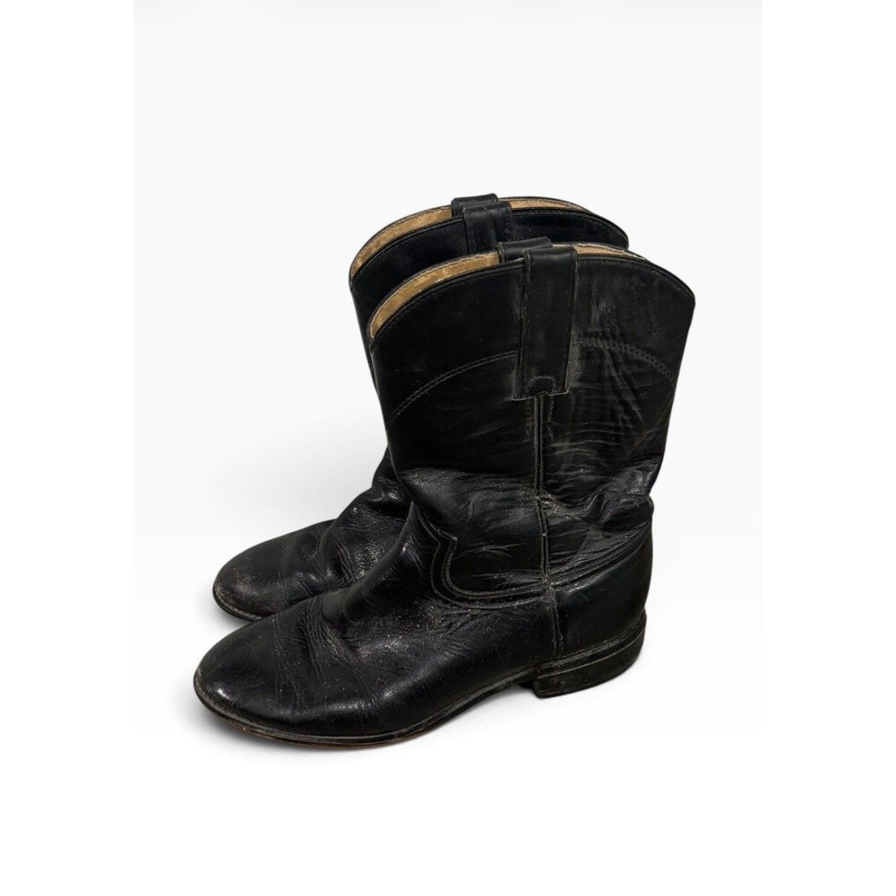 Justin Boots Youth Teen 4D Black Leather Western Roper  Pull On Cowboy Rodeo